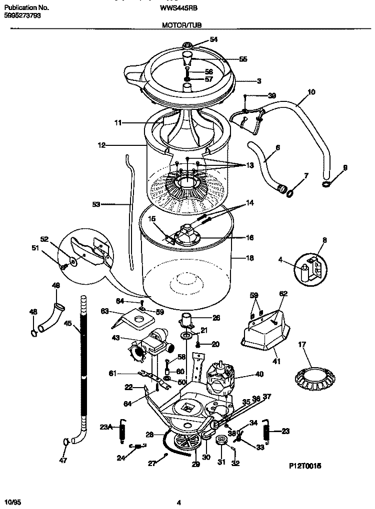 MOTOR / TUB Diagram and Parts List for WWS445RBW2  Frigidaire Washer