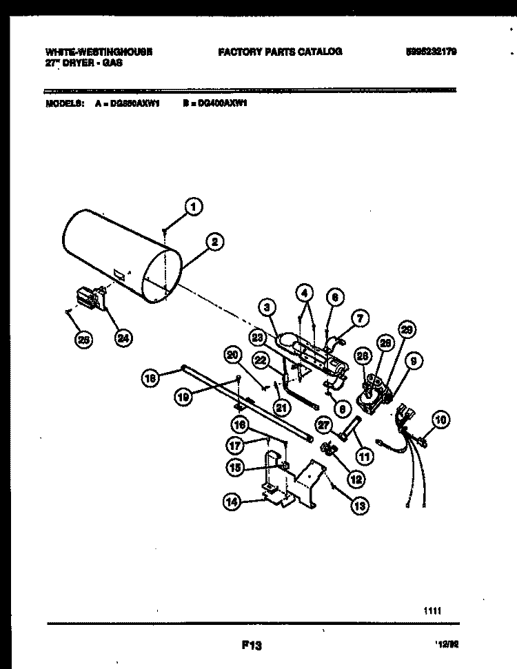BURNER, IGNITER AND VALVE Diagram and Parts List for DG400AXW1  Frigidaire Dryer