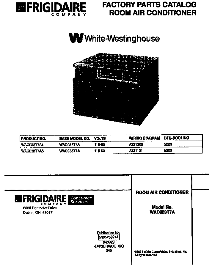 ROOM AIR CONDITIONER Diagram and Parts List for WAC053T7A5  Frigidaire Air Conditioner
