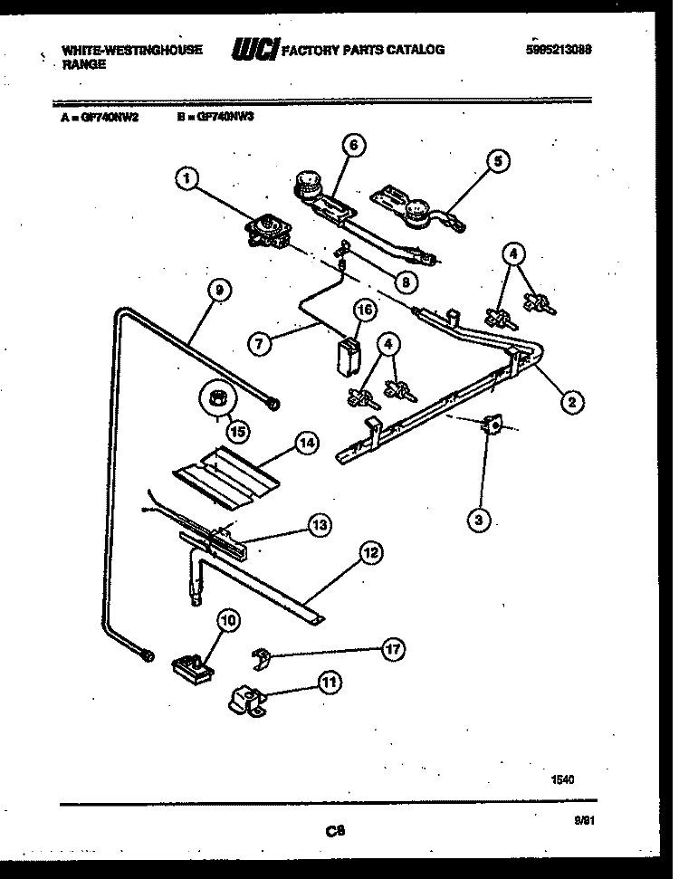 BURNER, MANIFOLD AND GAS CONTROL Diagram and Parts List for GF740ND3  Frigidaire Range
