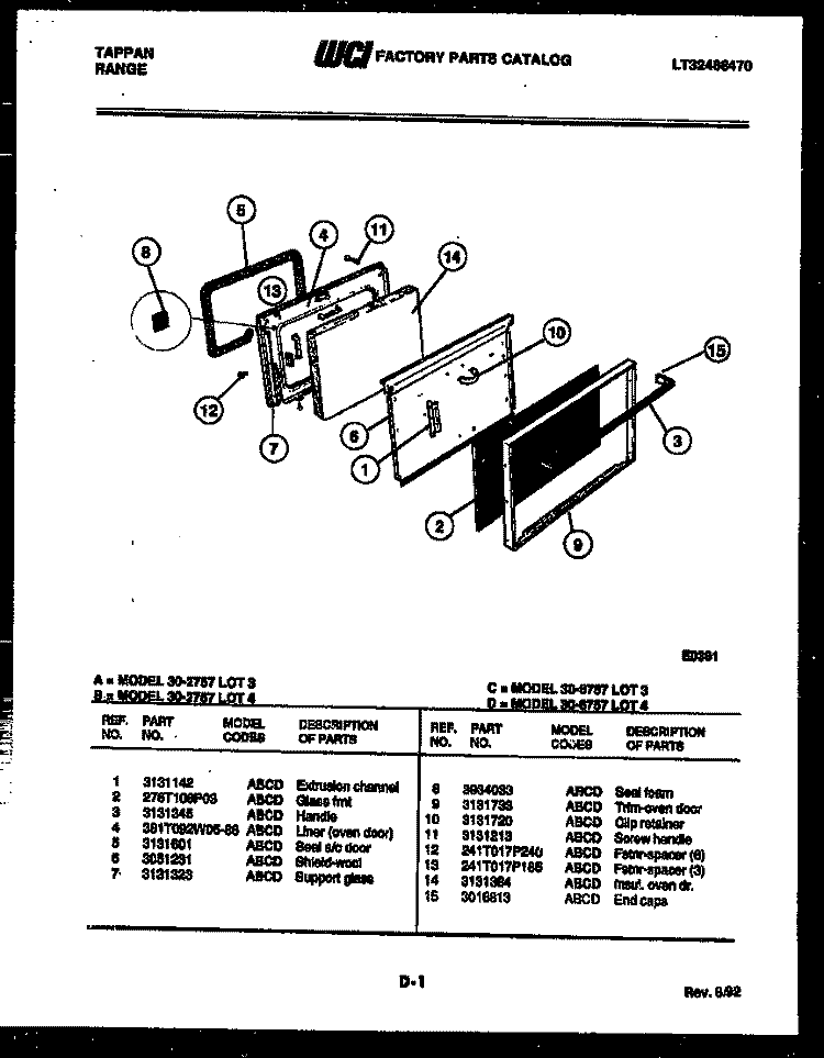 DOOR PARTS Diagram and Parts List for 30-2757-66-03  Tappan Range