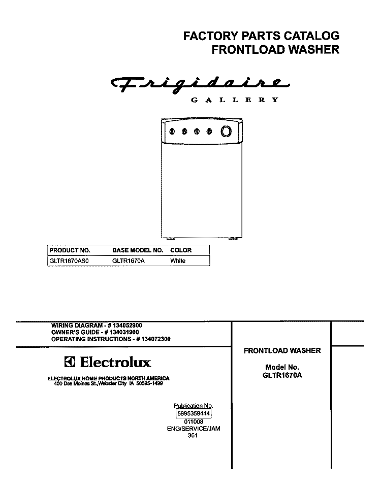 COVER Diagram and Parts List for GLTR1670AS0  Frigidaire Washer