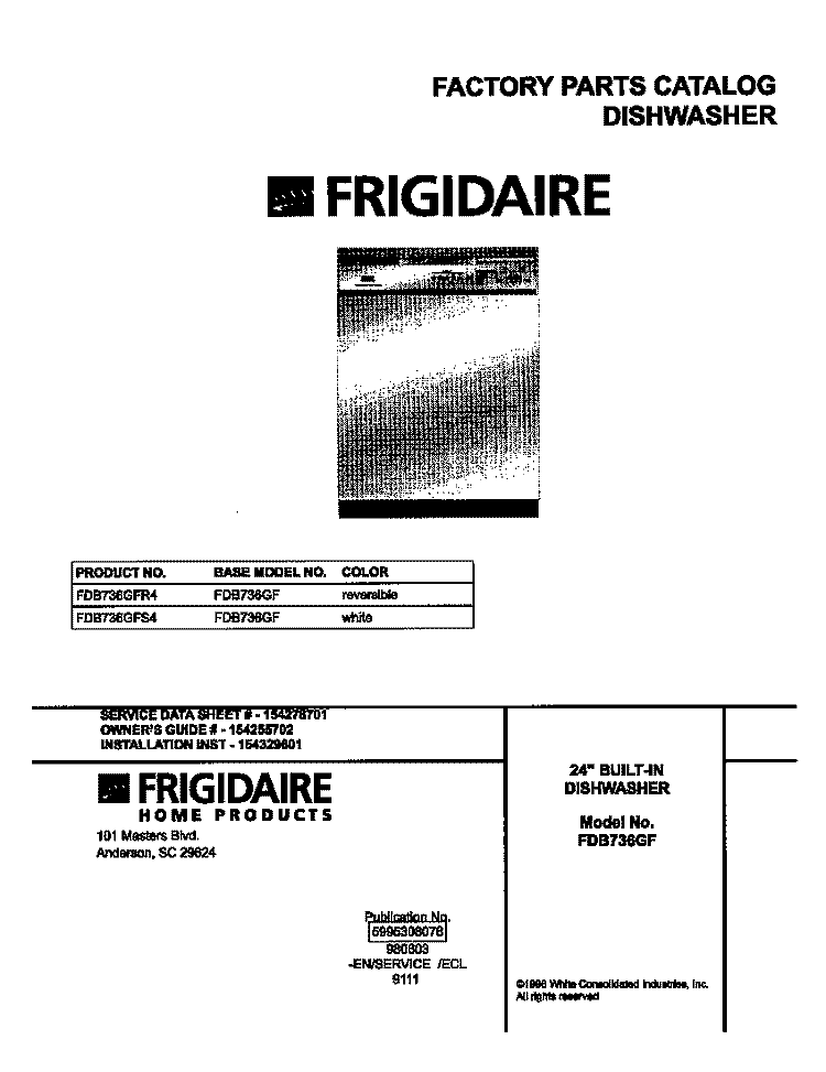 COVER Diagram and Parts List for FDB736GFR4  Frigidaire Dishwasher