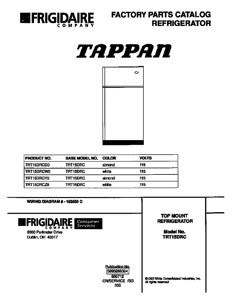 COVER Diagram and Parts List for TRT15DRCZ0  Tappan Refrigerator