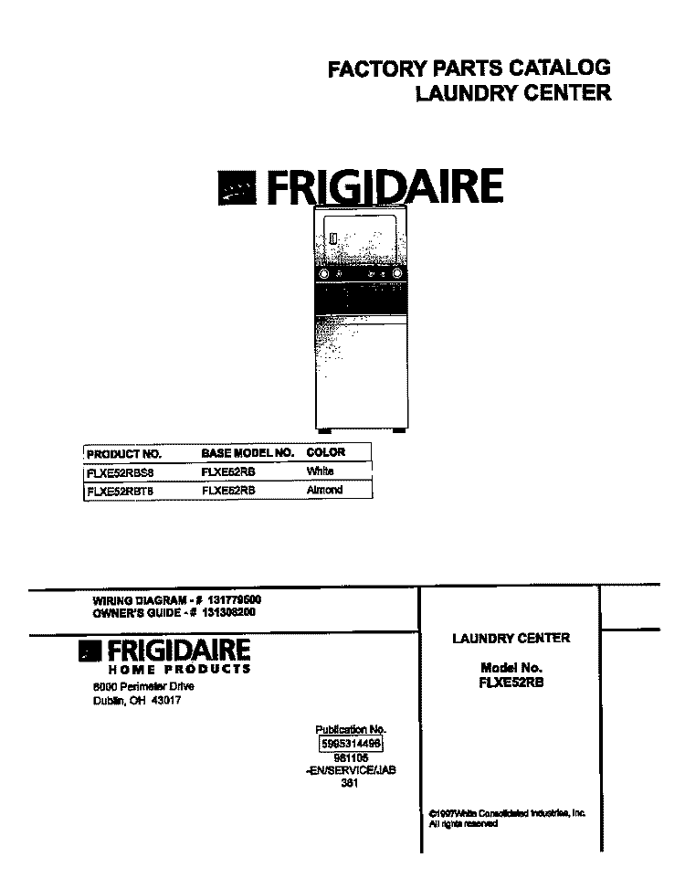 COVER Diagram and Parts List for FLXE52RBT8  Frigidaire Washer Dryer Combo