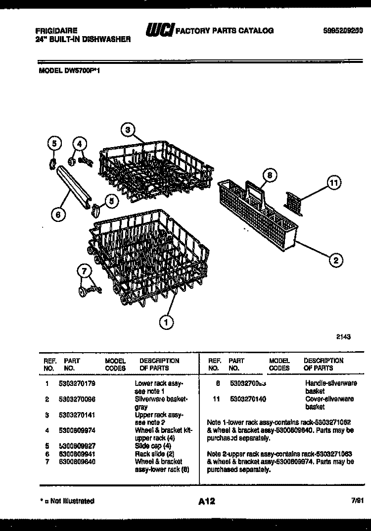 RACKS AND TRAYS Diagram and Parts List for DW5700PW1  Frigidaire Dishwasher