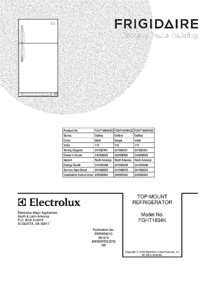 COVER Diagram and Parts List for FGHT1834KB2  Frigidaire Refrigerator