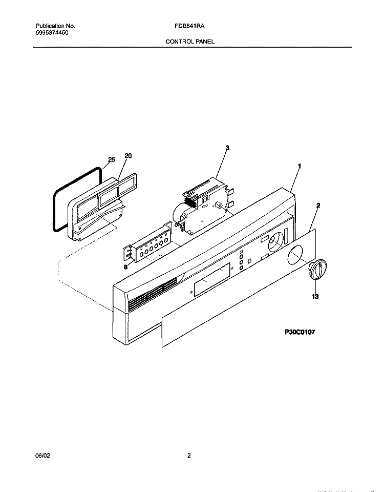 CONTROL PANEL Diagram and Parts List for FDB641RAB1  Frigidaire Dishwasher