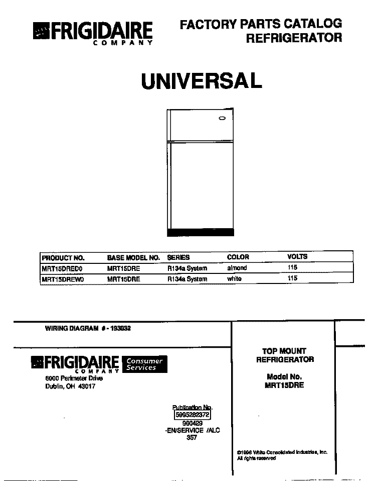 COVER Diagram and Parts List for MRT15DRED0  Frigidaire Refrigerator