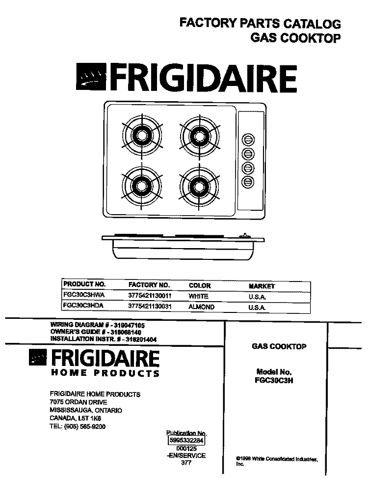 COVER Diagram and Parts List for FGC30C3HDA  Frigidaire Cooktop