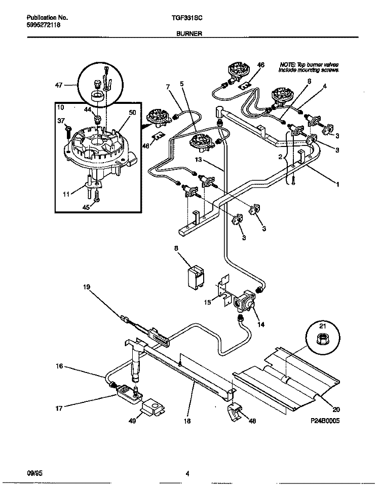 BURNER Diagram and Parts List for TGF331SCDA  Tappan Range