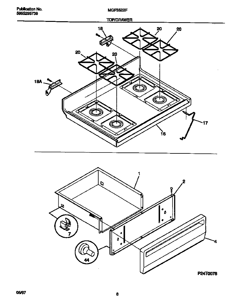 TOP / DRAWER Diagram and Parts List for MGF352BFWA  Frigidaire Range