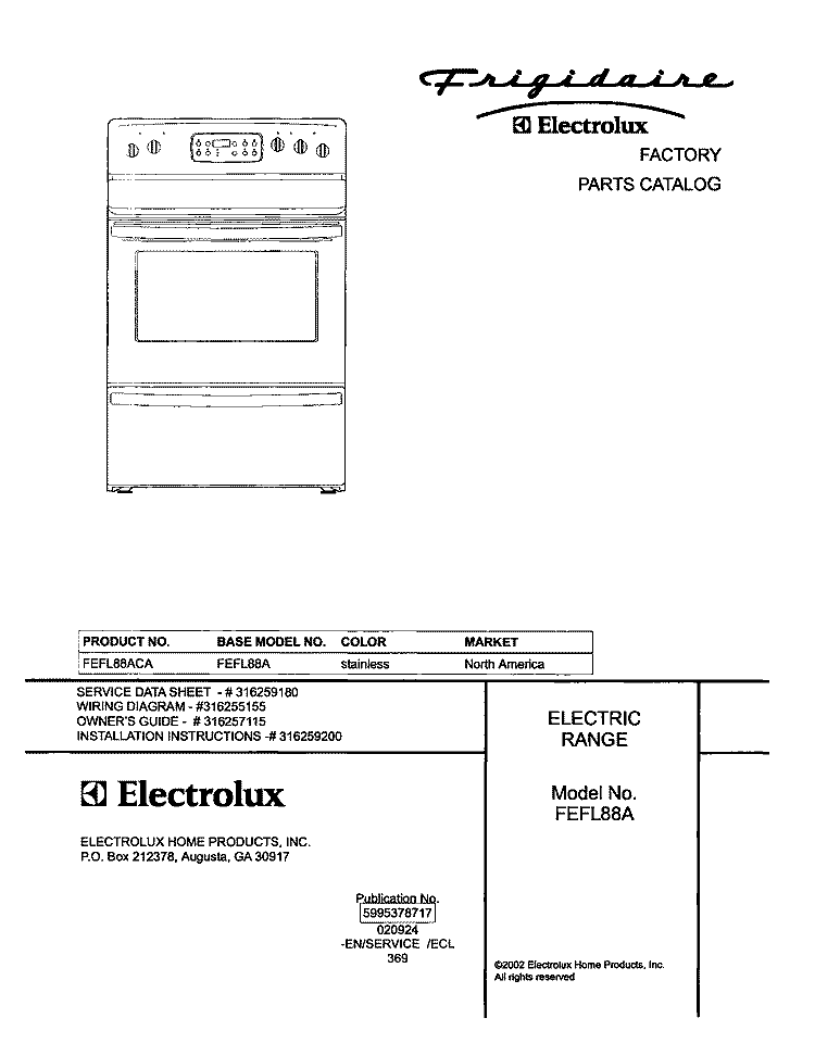 COVER Diagram and Parts List for FEFL88ACA  Frigidaire Range