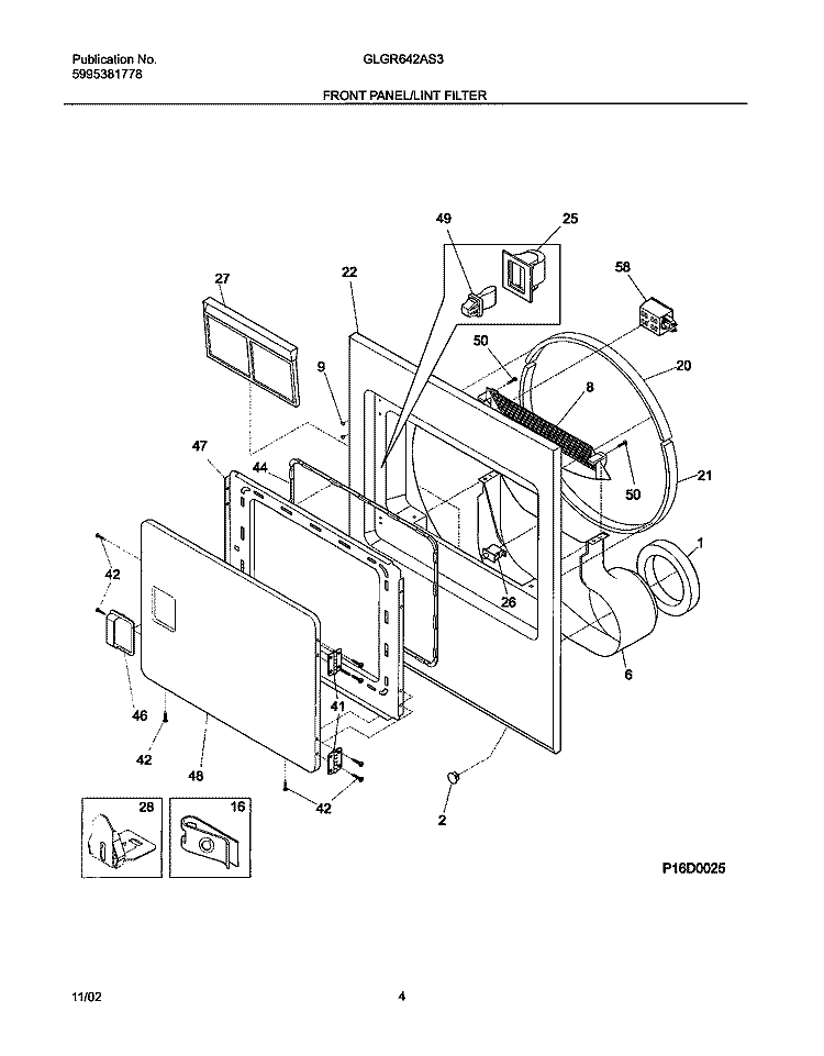FRONT PANEL / LINT FILTER Diagram and Parts List for GLGR642AS3  Frigidaire Dryer