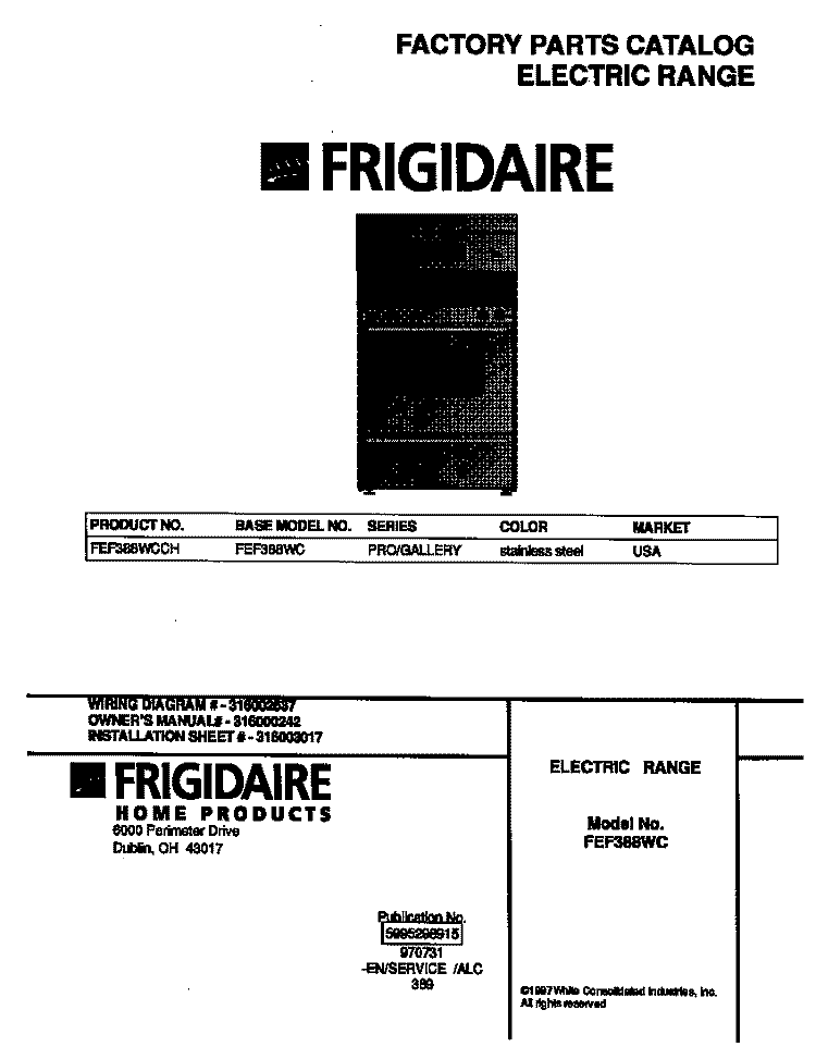 COVER Diagram and Parts List for FEF388WCCH  Frigidaire Range