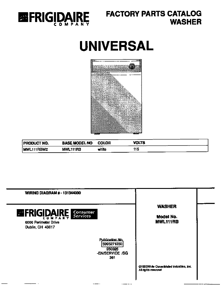 COVER Diagram and Parts List for MWL111RBW2  Frigidaire Washer