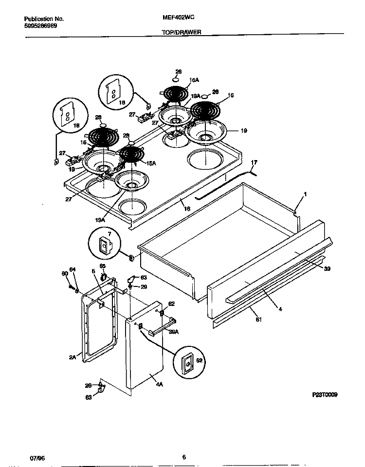 TOP / DRAWER Diagram and Parts List for MEF402WCD3  Frigidaire Range
