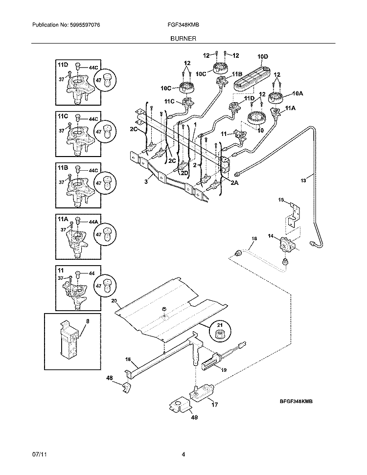 BURNER Diagram and Parts List for FGF348KMB  Frigidaire Range