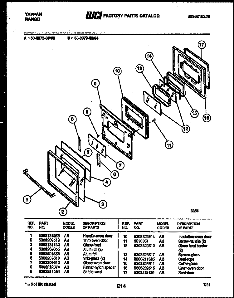 DOOR PARTS Diagram and Parts List for 30-3979-00-03  Tappan Range