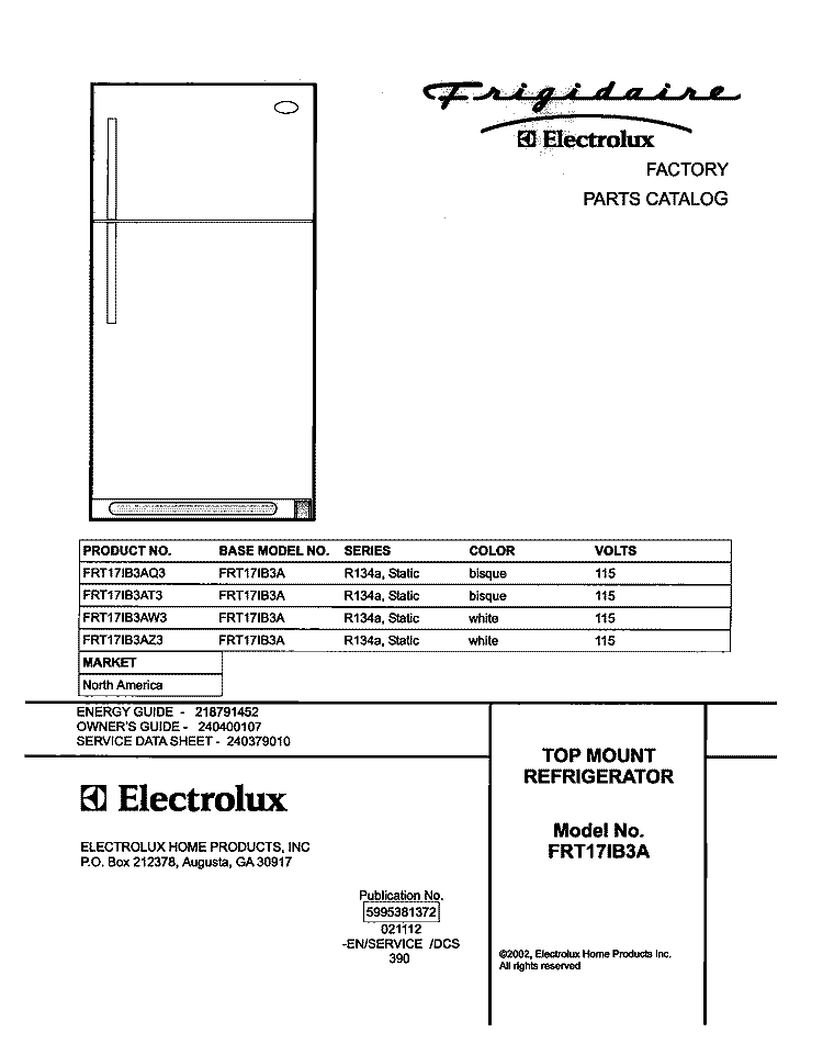 COVER Diagram and Parts List for FRT17IB3AT3  Frigidaire Refrigerator