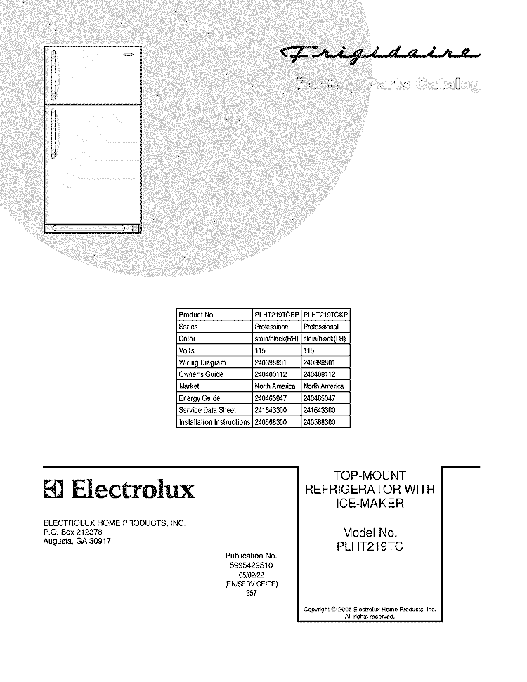 COVER Diagram and Parts List for PLHT219TCBP  Frigidaire Refrigerator