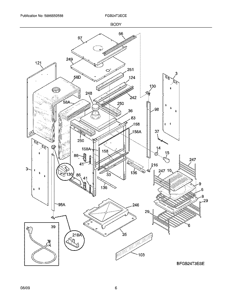 BODY Diagram and Parts List for FGB24T3ECE  Frigidaire Wall Oven