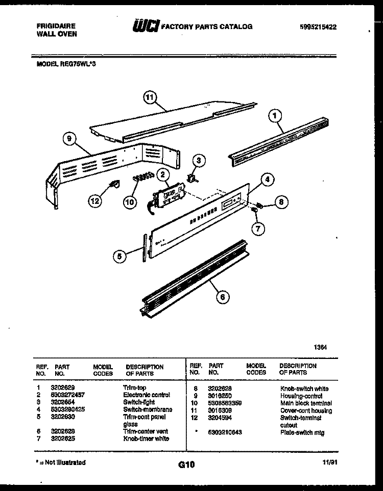 CONTROL PANEL Diagram and Parts List for REG75WL3  Frigidaire Wall Oven