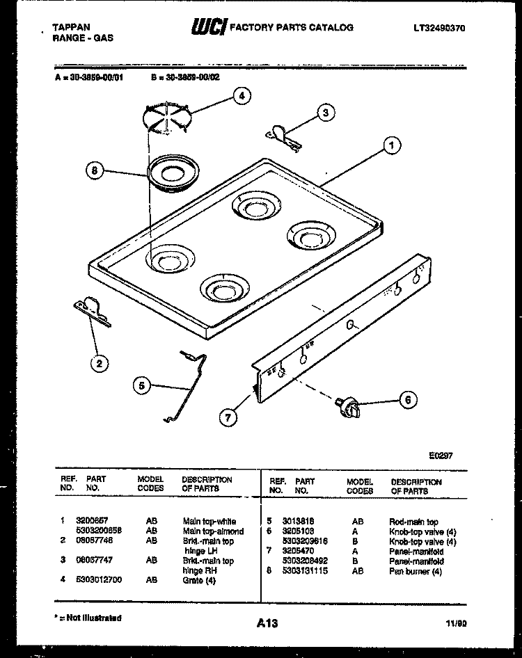 COOKTOP PARTS Diagram and Parts List for 30-3859-00-01  Tappan Range