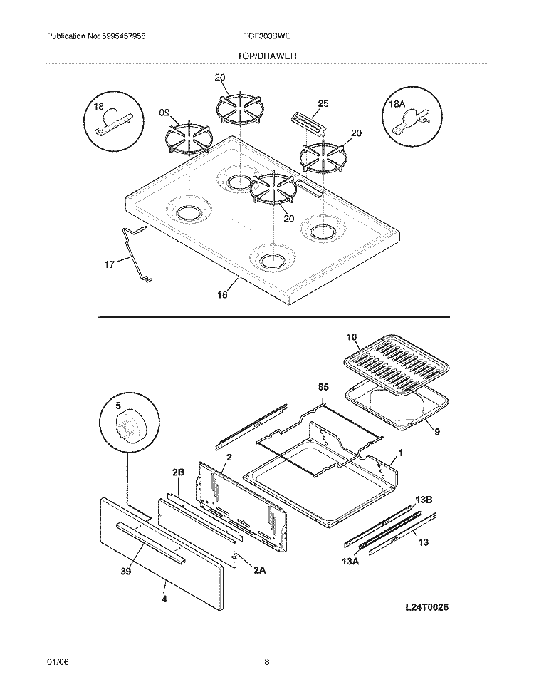 TOP / DRAWER Diagram and Parts List for TGF303BWE  Tappan Range