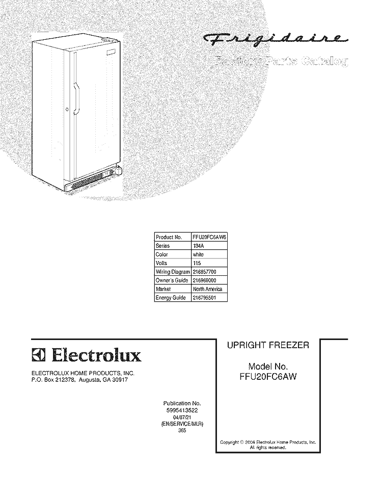 COVER Diagram and Parts List for FFU20FC6AW6  Frigidaire Freezer