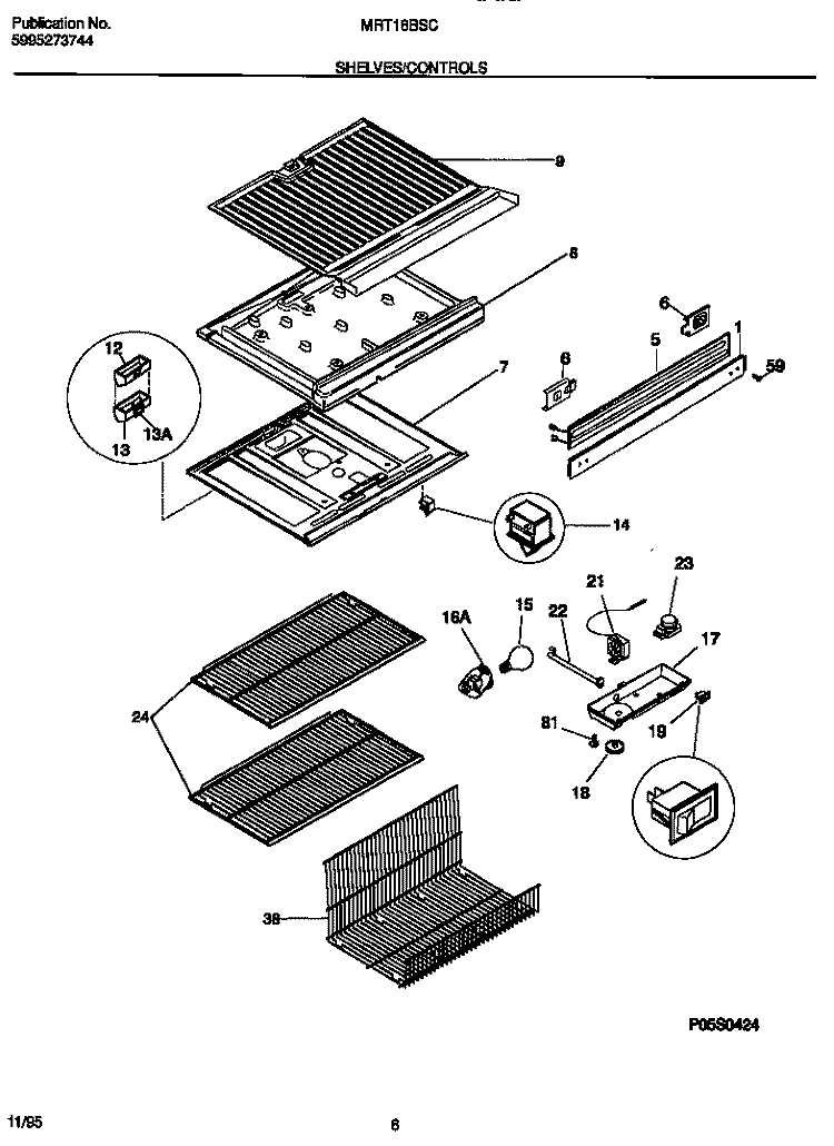 SHELVES / CONTROLS Diagram and Parts List for MRT18BSCW0  Frigidaire Refrigerator