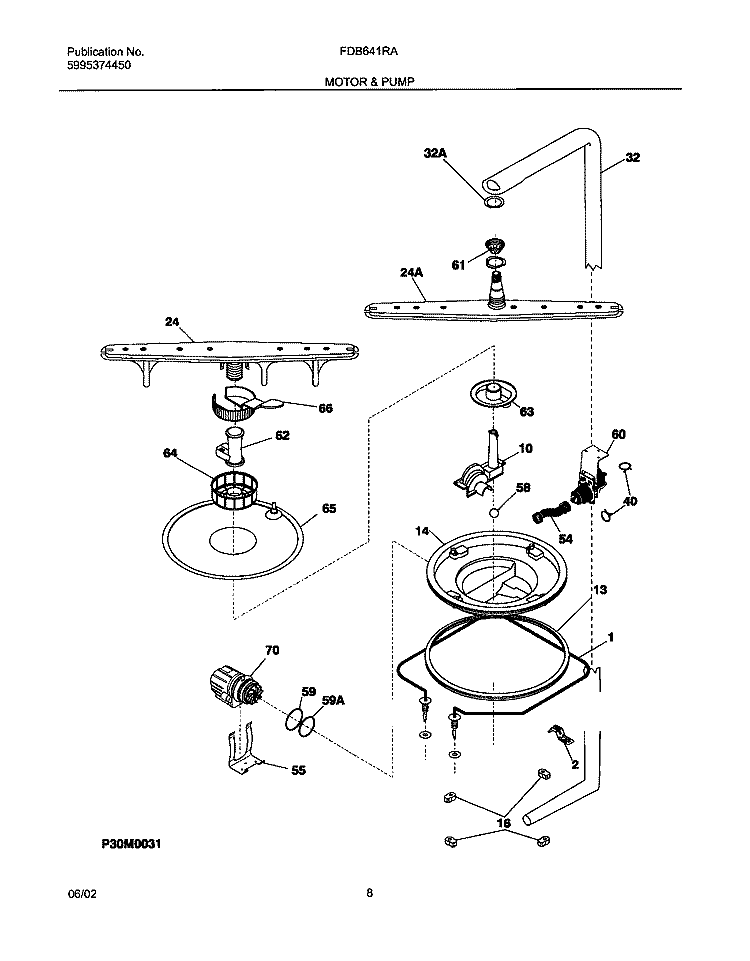 MOTOR & PUMP Diagram and Parts List for FDB641RAB1  Frigidaire Dishwasher