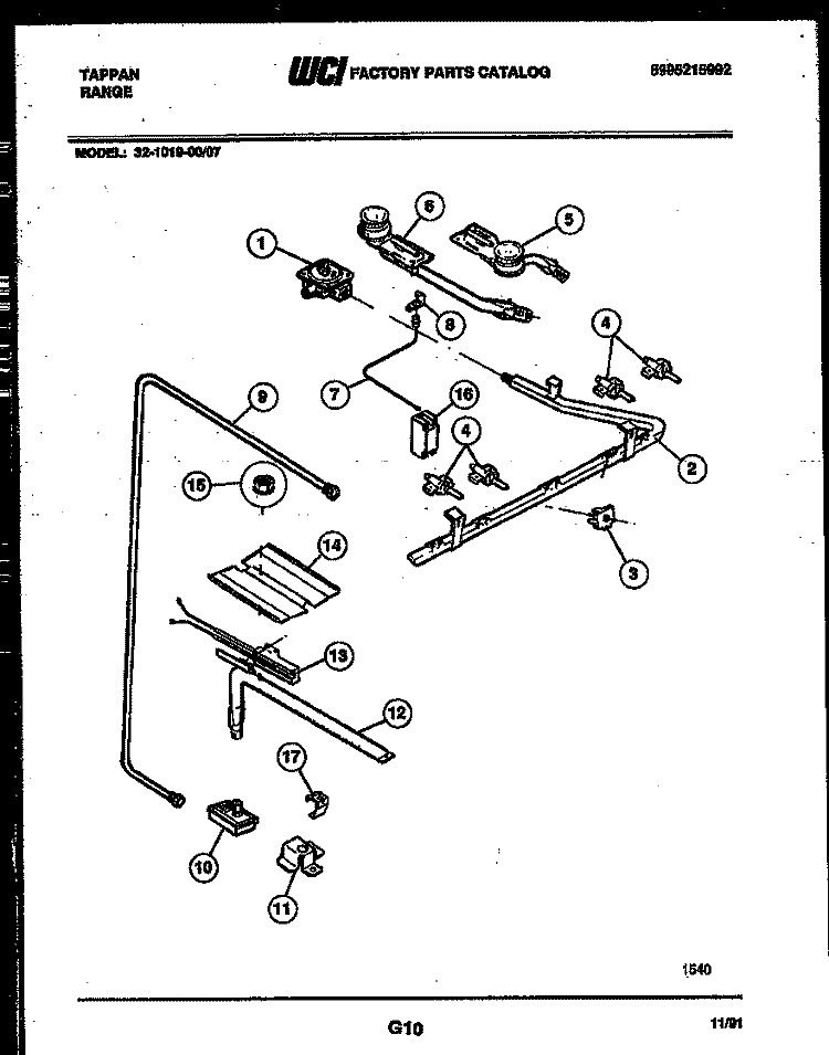 BURNER, MANIFOLD AND GAS CONTROL Diagram and Parts List for 32-1019-00-07  Tappan Range