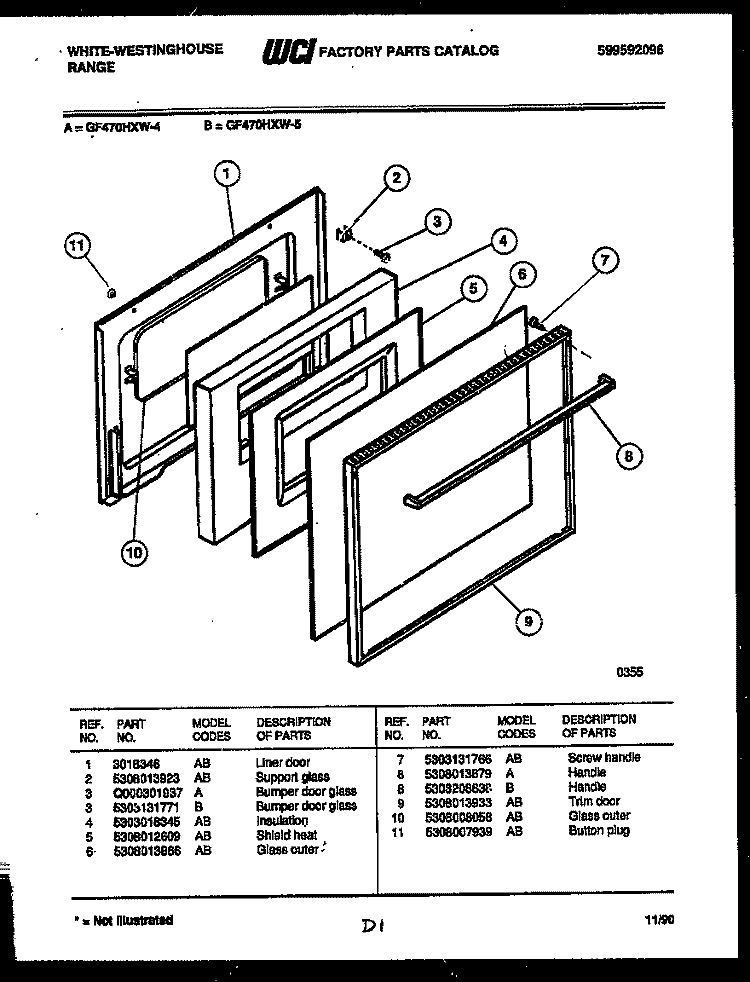 DOOR PARTS Diagram and Parts List for GF470HXD5  Frigidaire Range