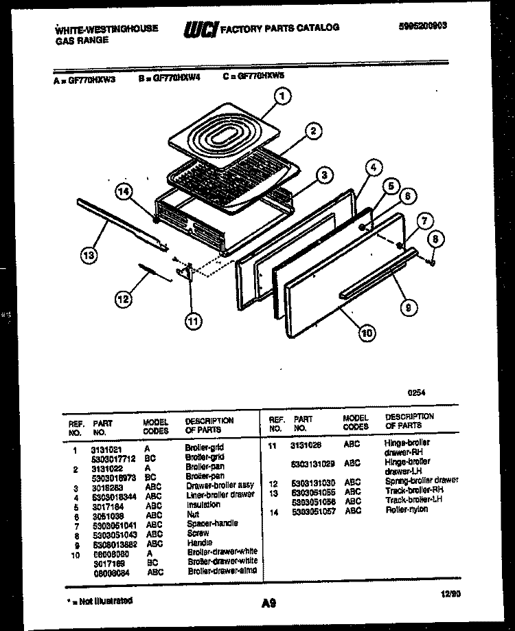 BROILER DRAWER PARTS Diagram and Parts List for GF770HXD5  Frigidaire Range