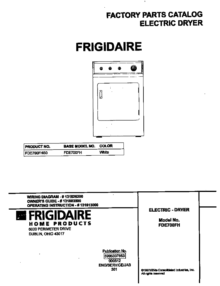 COVER Diagram and Parts List for FDE700FHS0  Frigidaire Dryer