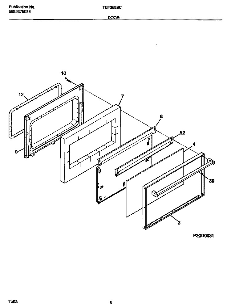 DOOR Diagram and Parts List for TEF356SCWB  Tappan Range