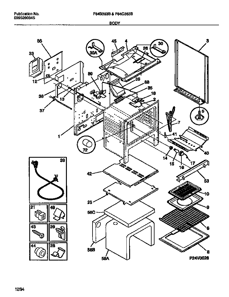 BODY Diagram and Parts List for F64C363BSA  Frigidaire Range