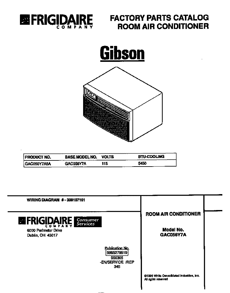 COVER Diagram and Parts List for GAC056Y7A5A  Gibson Air Conditioner