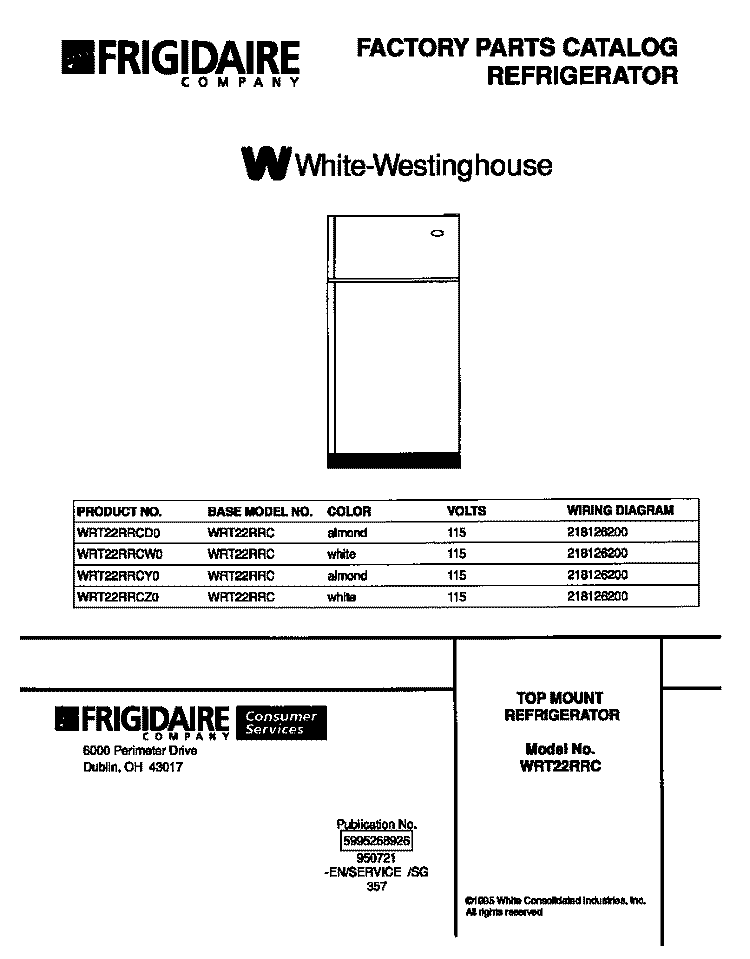COVER Diagram and Parts List for WRT22RRCD0  Frigidaire Refrigerator