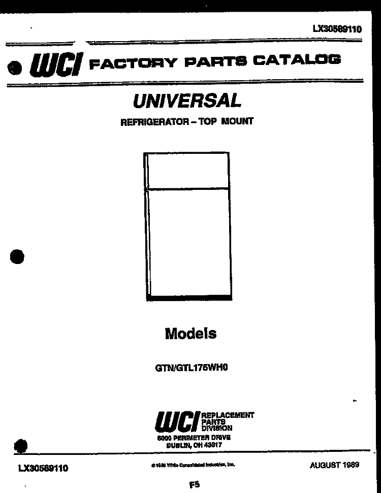 COVER Diagram and Parts List for GTL175WW0-23  Uni Refrigerator