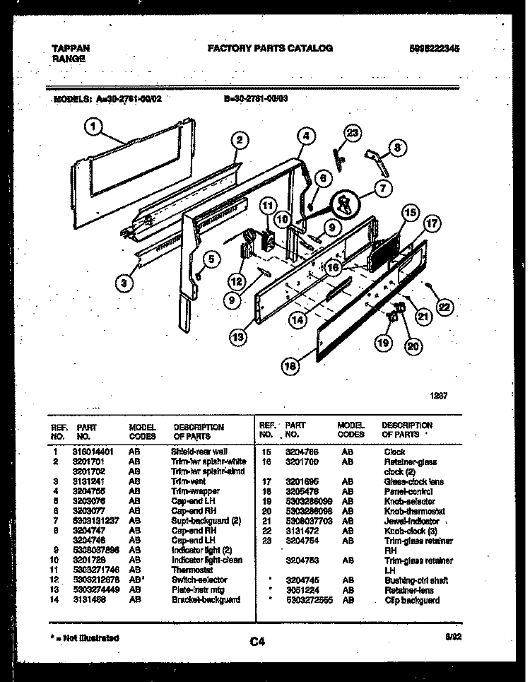 BACKGUARD Diagram and Parts List for 30-2761-23-02  Tappan Range
