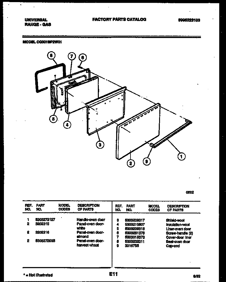 DOOR PARTS Diagram and Parts List for CG301SP2W1  Frigidaire Range