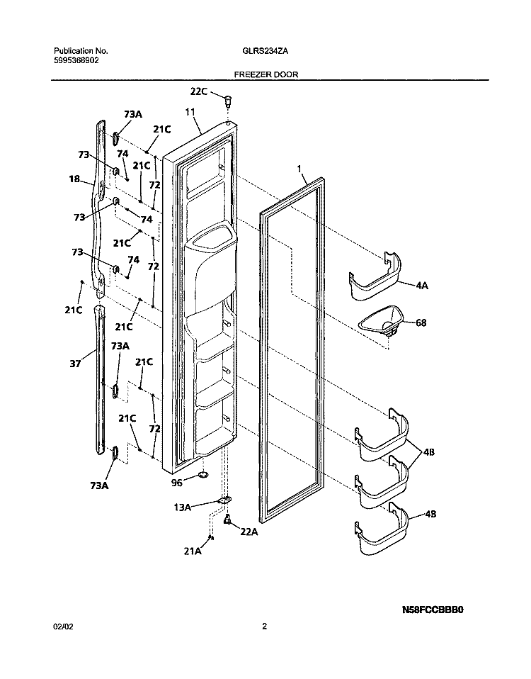 FREEZER DOOR Diagram and Parts List for GLRS234ZAW3  Frigidaire Refrigerator
