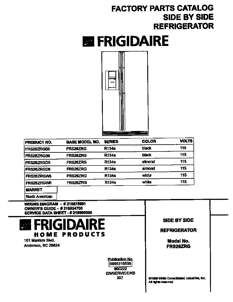 COVER Diagram and Parts List for FRS26ZRGW5  Frigidaire Refrigerator