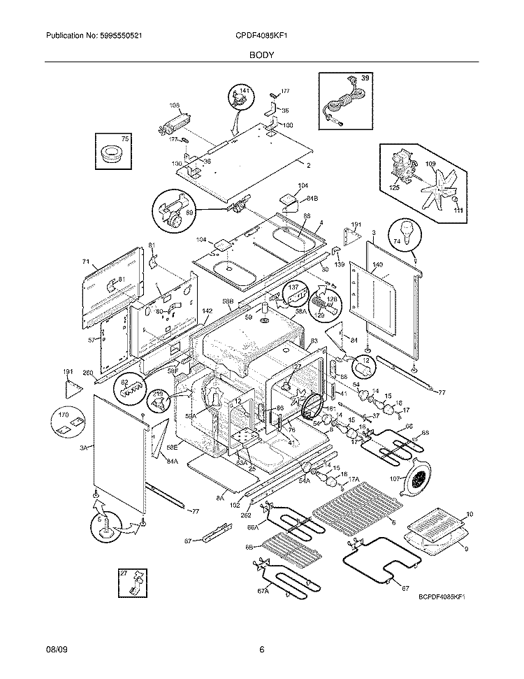 BODY Diagram and Parts List for CPDF4085KF1  Frigidaire Range