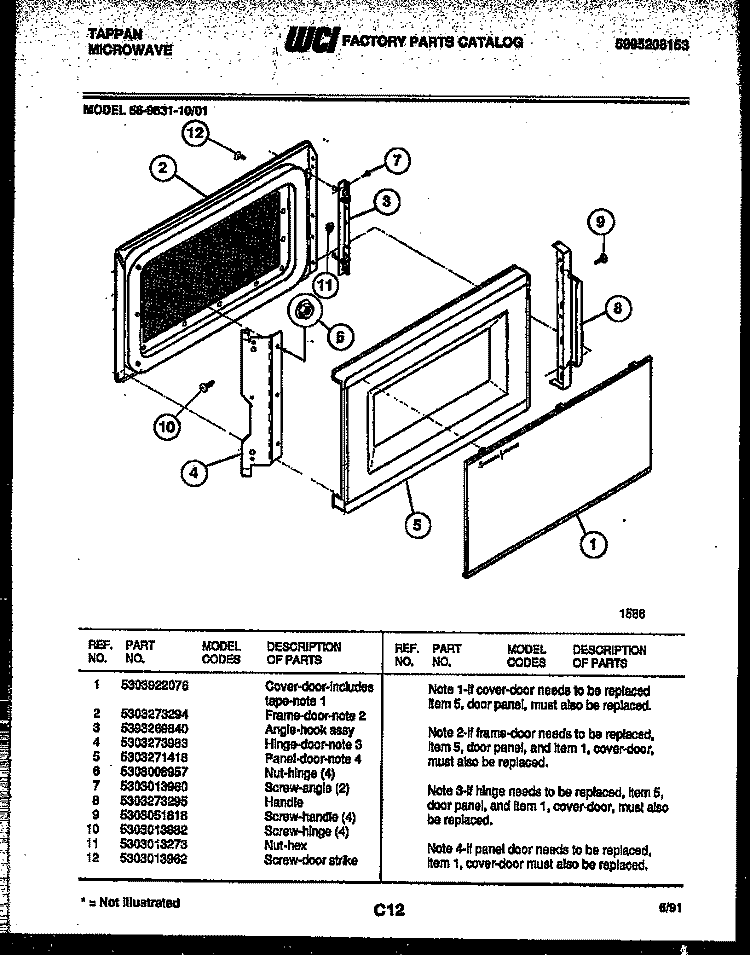 DOOR PARTS Diagram and Parts List for 56-9631-10-01  Tappan Microwave