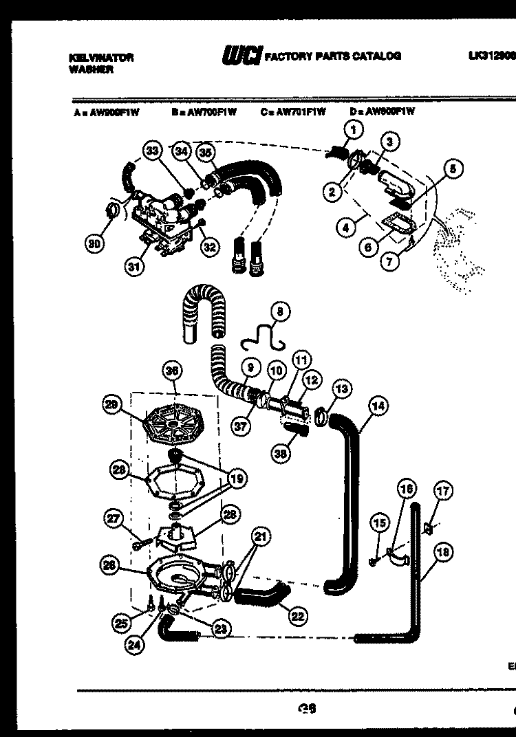 PUMP, WATER VALVE, WATER INLET Diagram and Parts List for AW600F1D  Kelvinator Washer