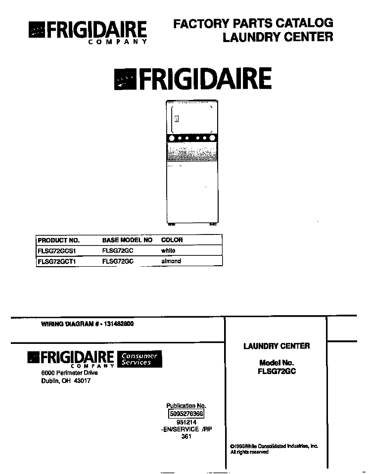 COVER Diagram and Parts List for FLSG72GCS1  Frigidaire Washer Dryer Combo