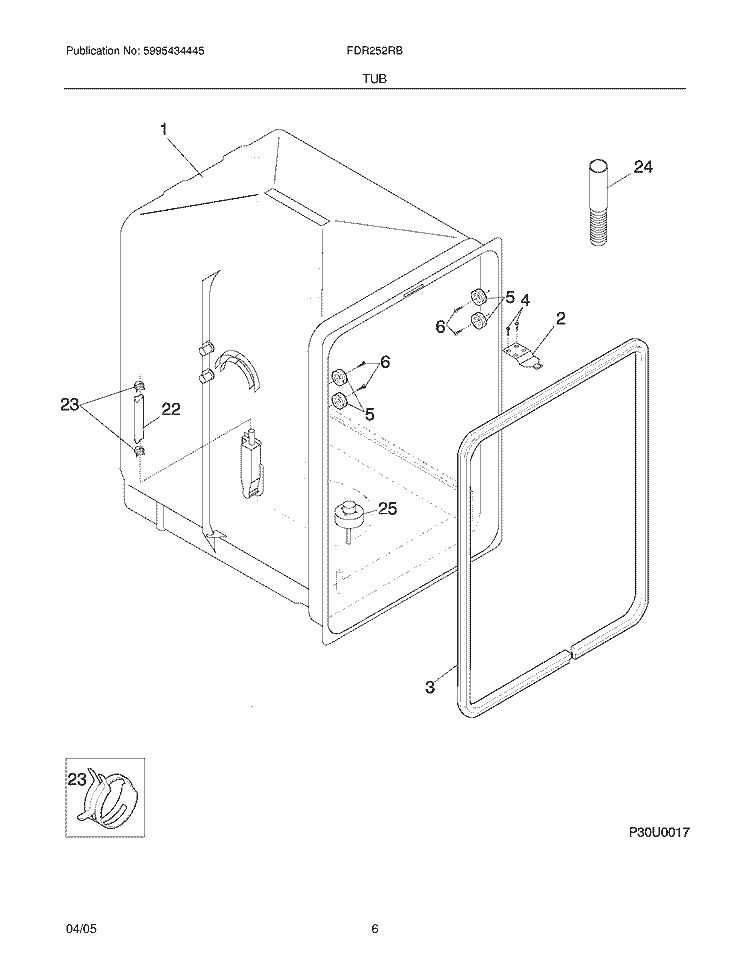 TUB Diagram and Parts List for FDR252RBS2  Frigidaire Dishwasher